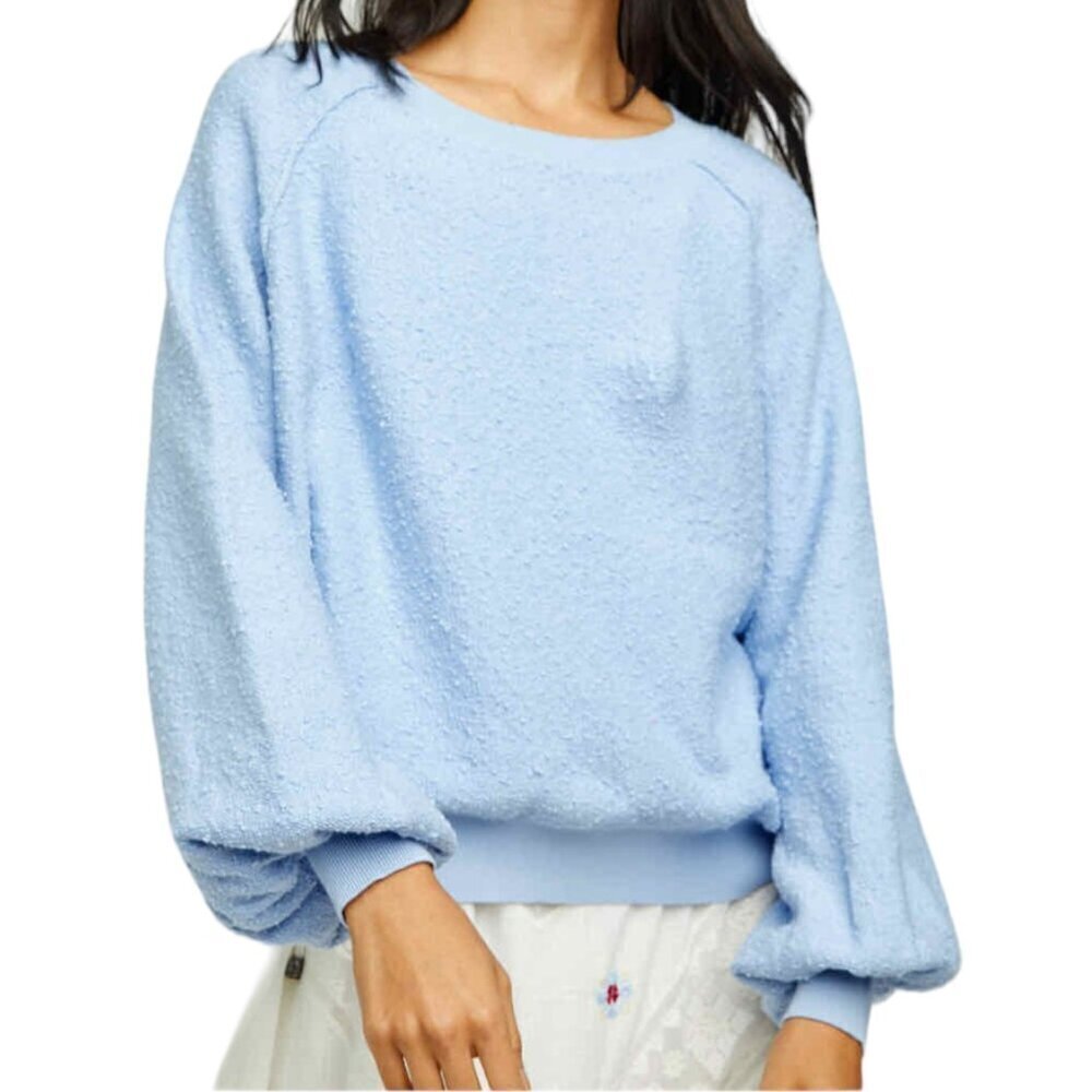 Free People Found My Friend Balloon Sleeve Casual Pullover Sweater Blue Small